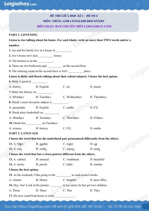 Đề thi giữa kì 1 Tiếng Anh 6 English Discovery - Đề số 4